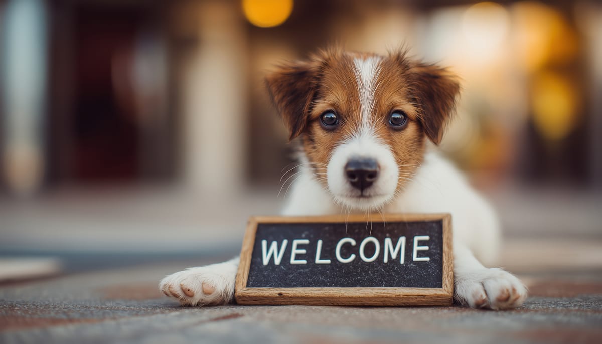 Blue, the office therapy dog, lying with a Welcome sign